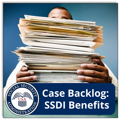 A person holding a stack of files in front of their face with caption 'Case Backlog: SSDI Benefits' and the Social Security Administration seal